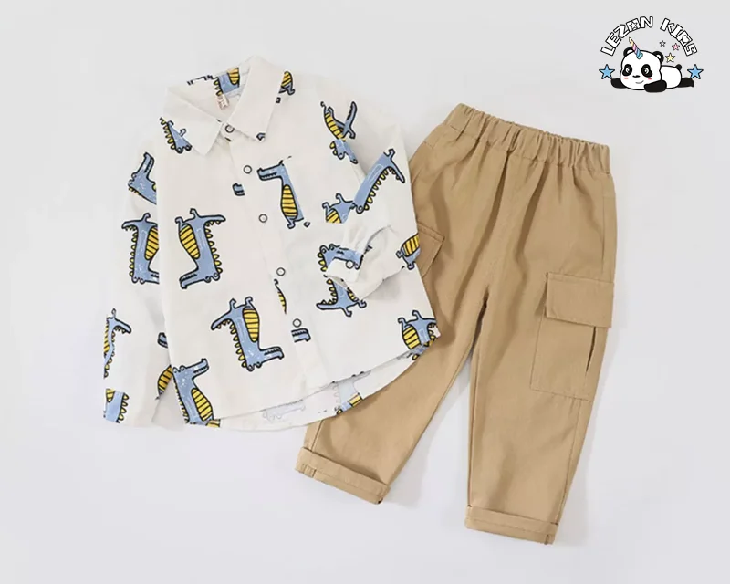 LEZONKIDS - Customizable High Quality Children's Cotton Shirt Pants Two-piece Set Cartoon Crocodile Boys Summer Clothing Set